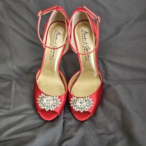 Red Satin Women Shoes with Crystal Embellishments